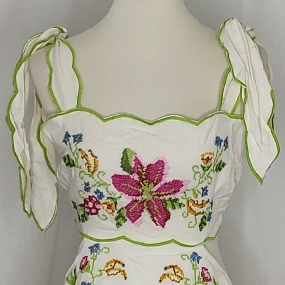 Farm Rio Maxi Dress XL Tropical Romance Needlepoint Cut-Out Linen White Floral - Picture 10 of 16